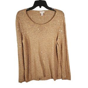 Chicos Metallic Gold Pull Over  Long Sleeves Sweater With Gold Sequins. Size L